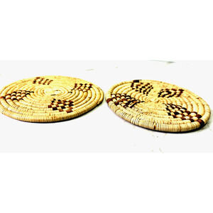 VINTAGE Native American Navajo Coiled Hand Woven Basket Trivets /Hot Pads Pair